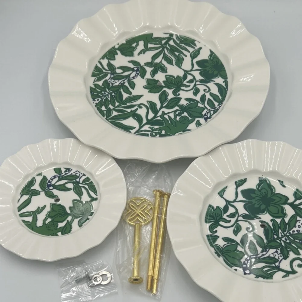 Lilly Pulitzer Three-Tier Ceramic Cake Stand, Green Pattern, Gold Handle, Round